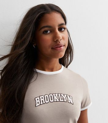 Girls Light Brown Brooklyn Logo Ringer T-Shirt New Look