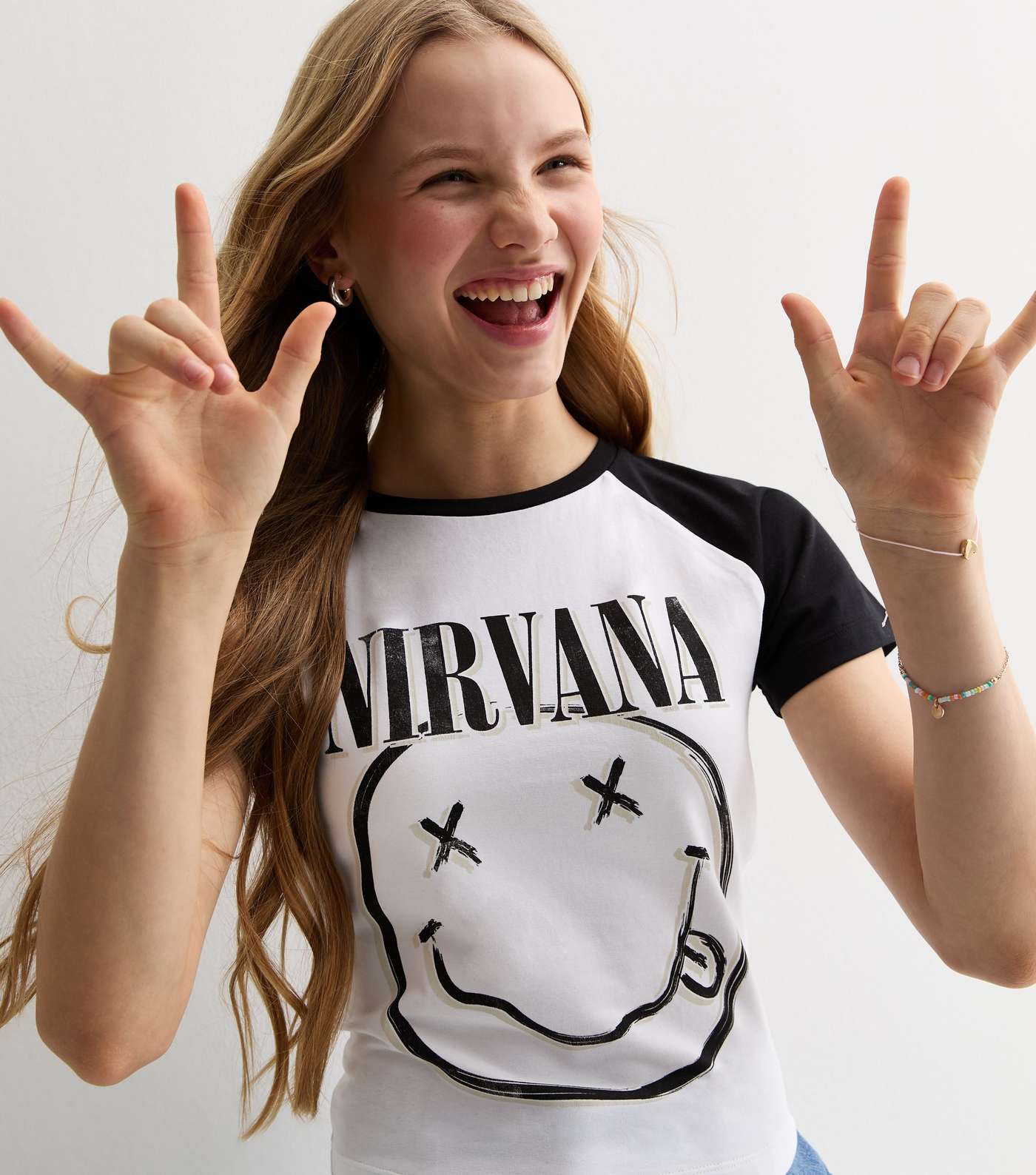 Girls Black Nirvana Logo Raglan T-Shirt Image 2