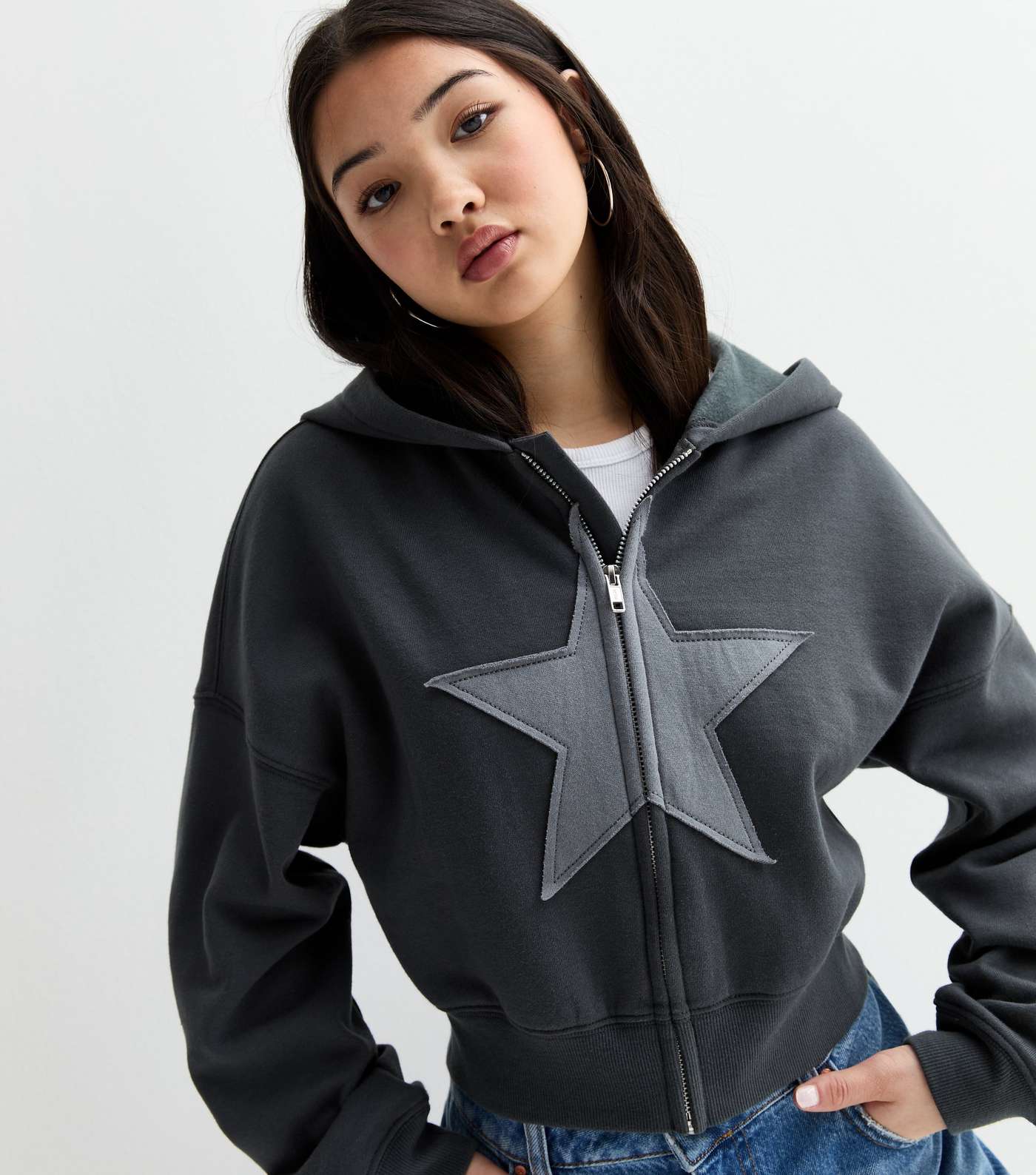 Girls Grey Embroidered-Star Zip Hoodie 