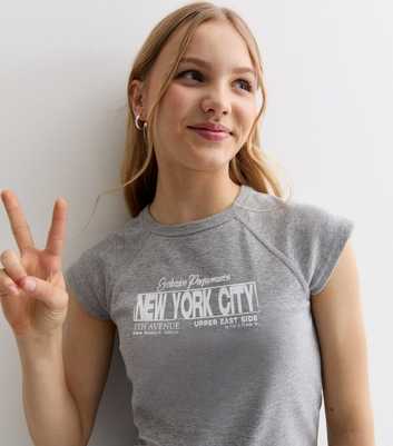 Girls Grey Marl New York City Logo Raglan T-Shirt