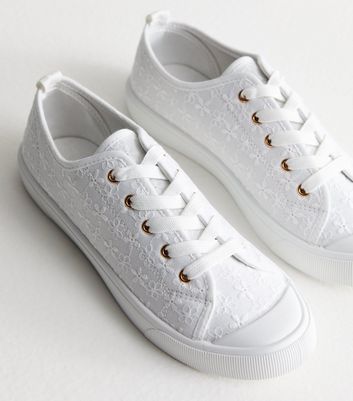 White Broderie Lace Up Chunky Trainers | New Look