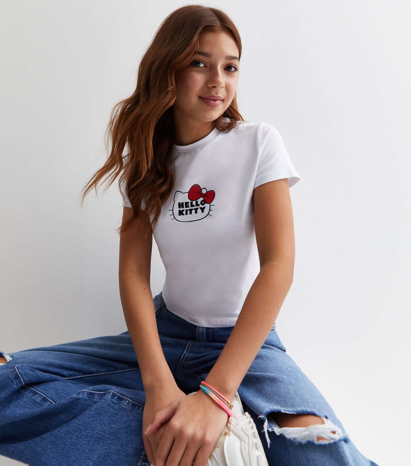 Girls White Hello Kitty Logo T-Shirt Image 2
