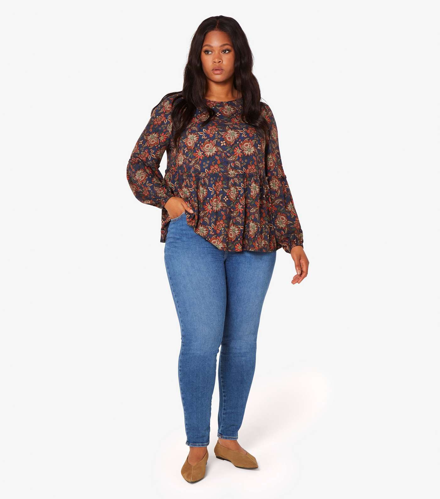Apricot Curves Navy Floral Ruffle Hem Top Image 2