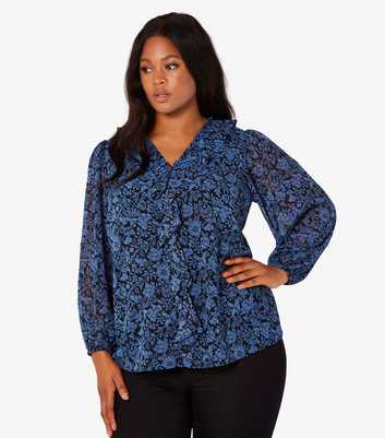 Apricot Curves Blue Floral Ruffle V Neck Top