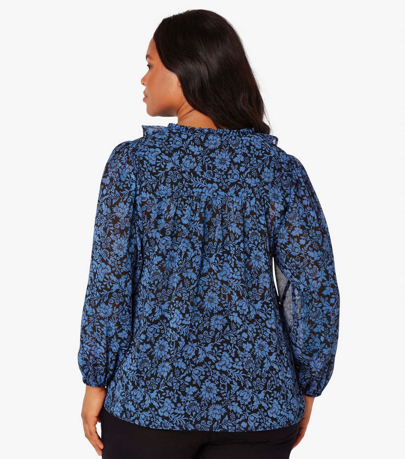 Apricot Curves Blue Floral Ruffle V Neck Top Image 3