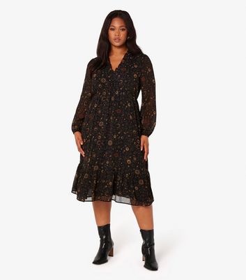 Apricot Curves Black Star Print Ruffle Midi Dress New Look