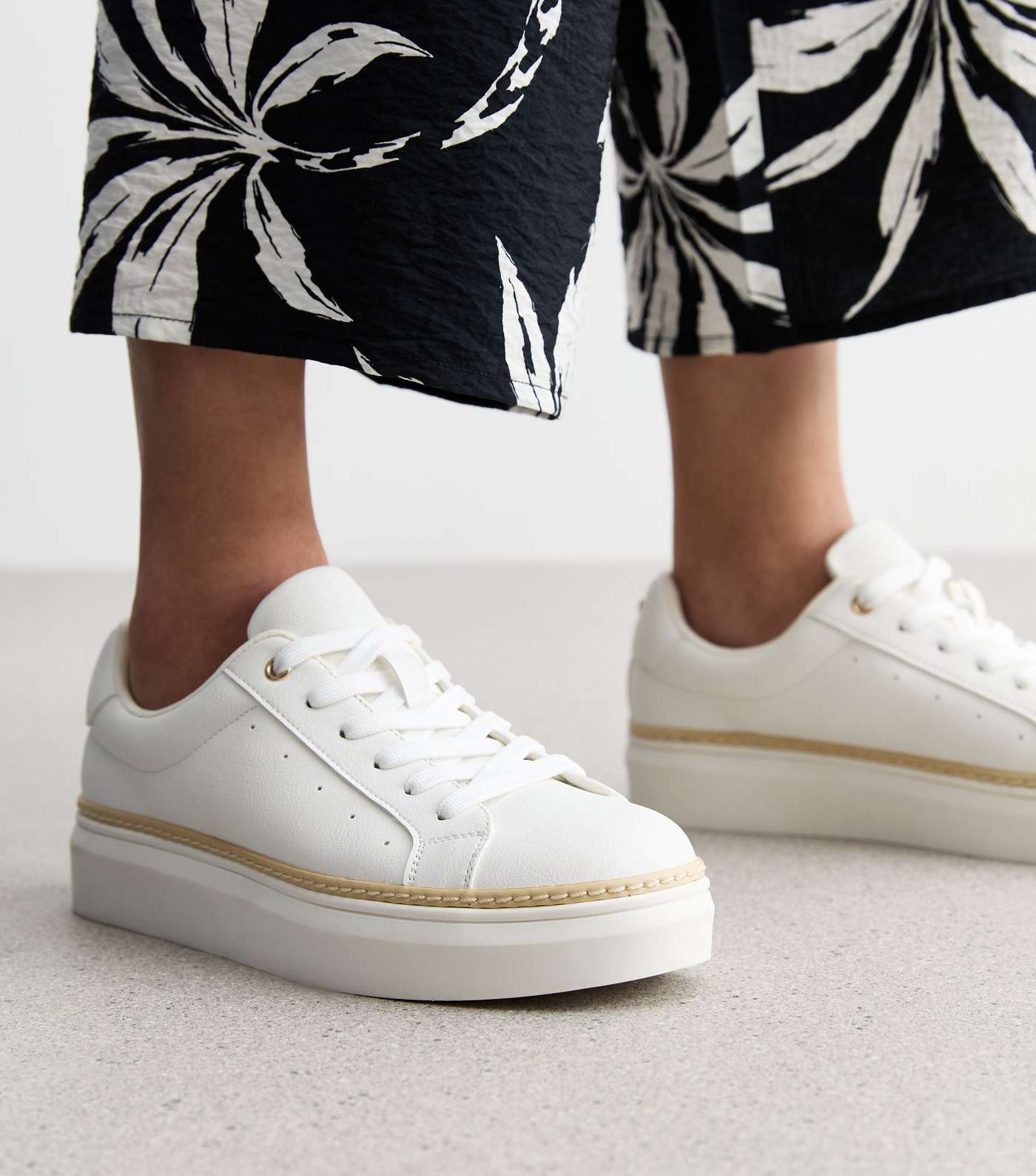 White Leather-Look Contrast Chunky Trainers Image 2
