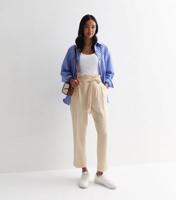 Stone Linen Look Paperbag Trousers New Look