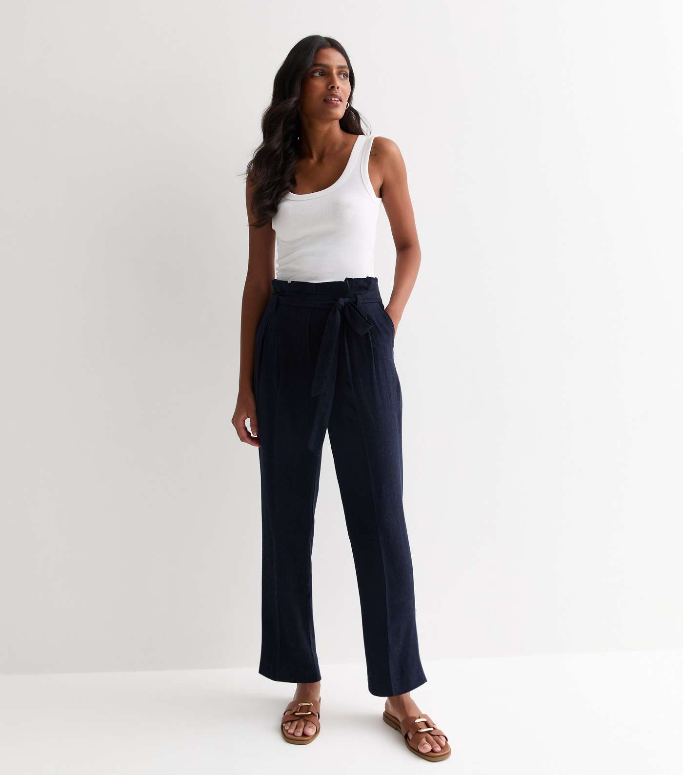 Navy Linen-Look Paperbag Trousers Image 3