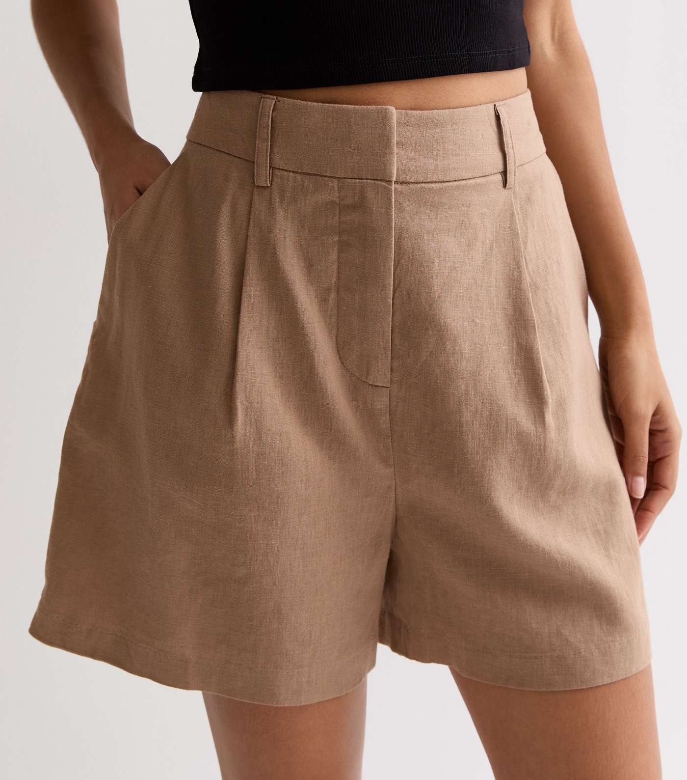 Petite Light Brown Linen Blend Tailored Shorts Image 3