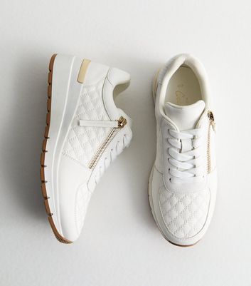 White Quilted Zip Detail Trainers New Look