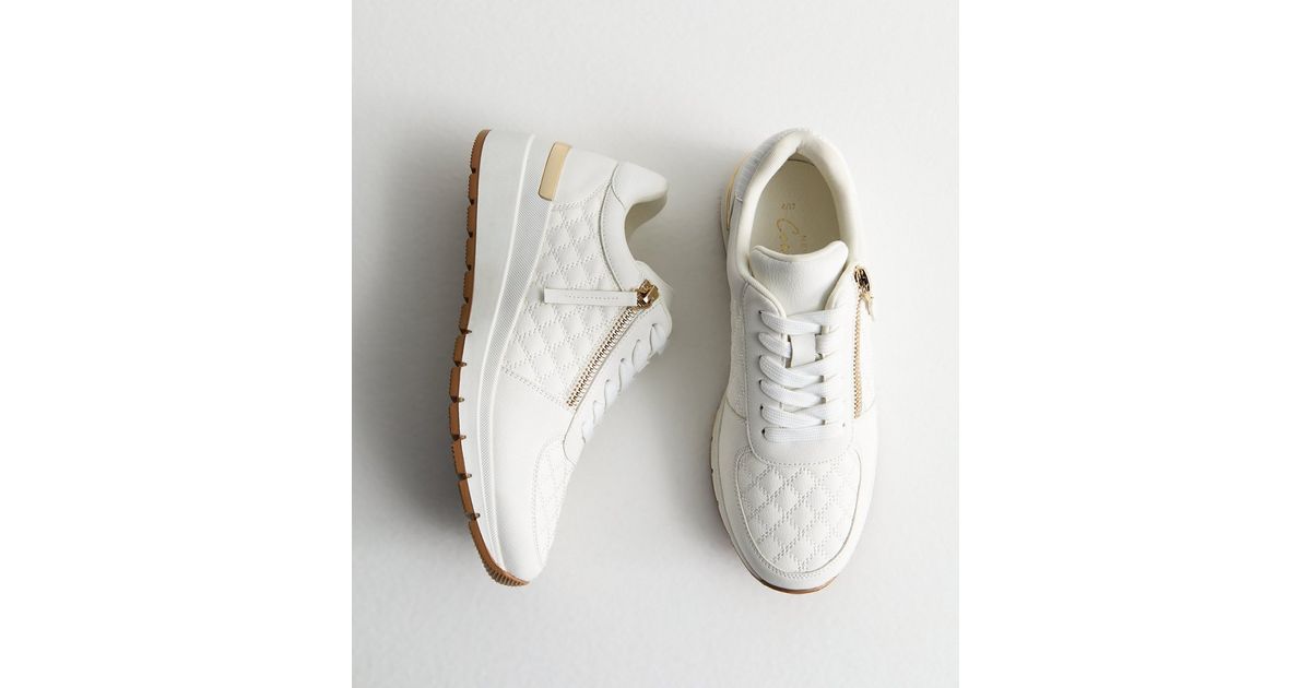 White Quilted Zip Detail Trainers | New Look