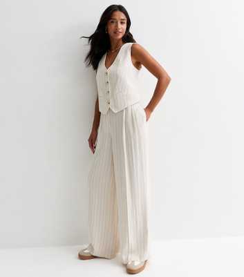 Petite. White Striped Pleated Wide-Leg Trousers