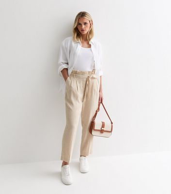 Petite Stone Linen Look Paperbag Trousers New Look