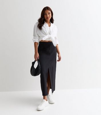 Petite Black Linen Blend Split Front Midi Skirt New Look