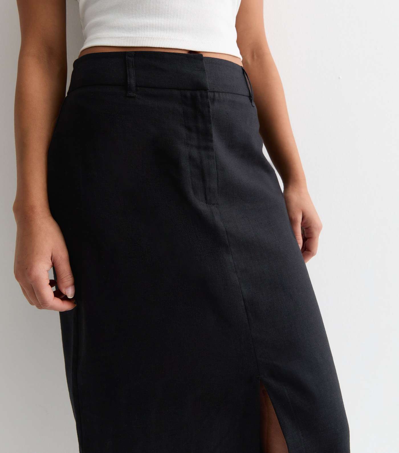 Petite Black Linen Blend Split Front Midi Skirt Image 2