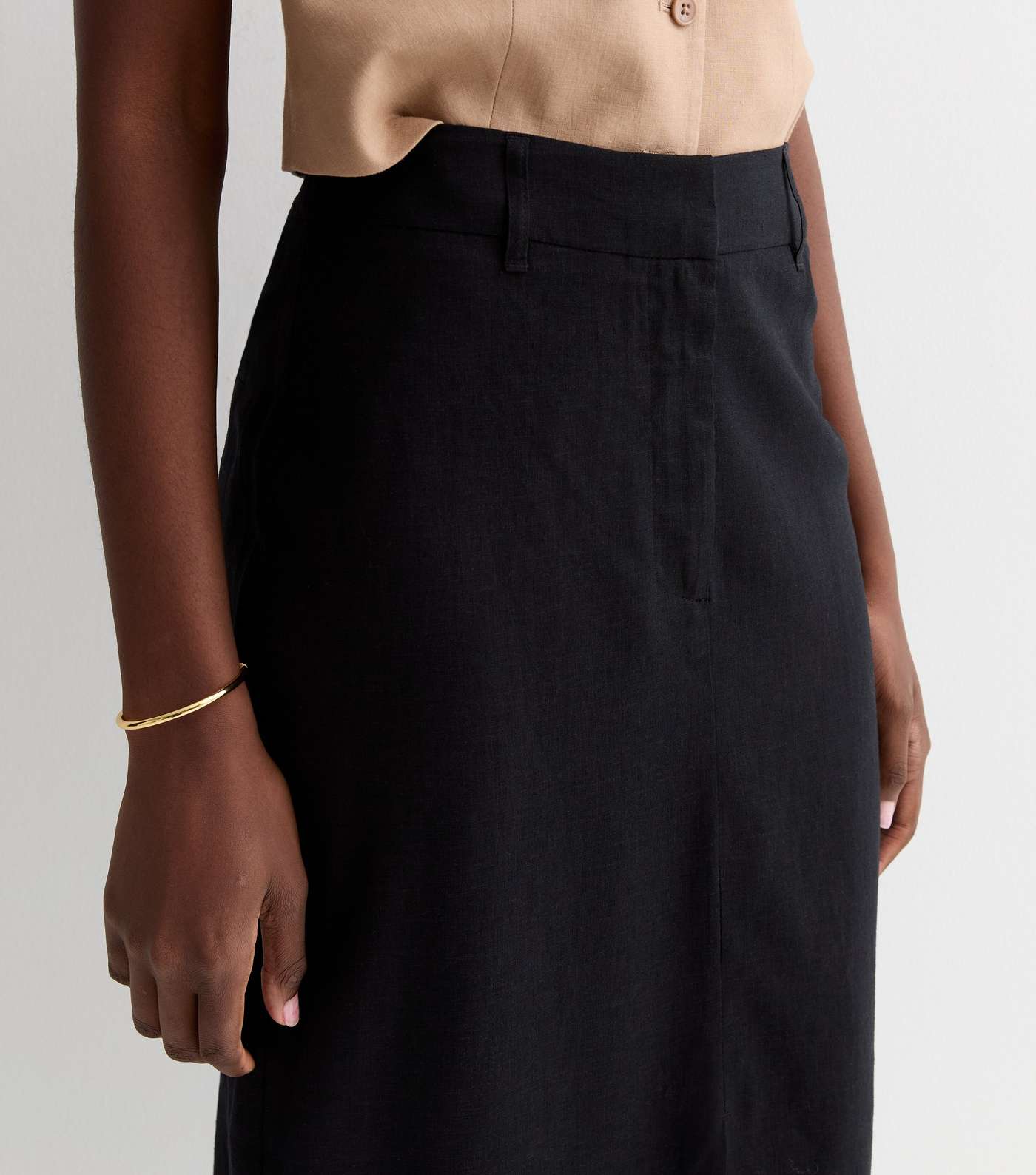 Tall Black Linen Blend Split Front Midi Skirt Image 2