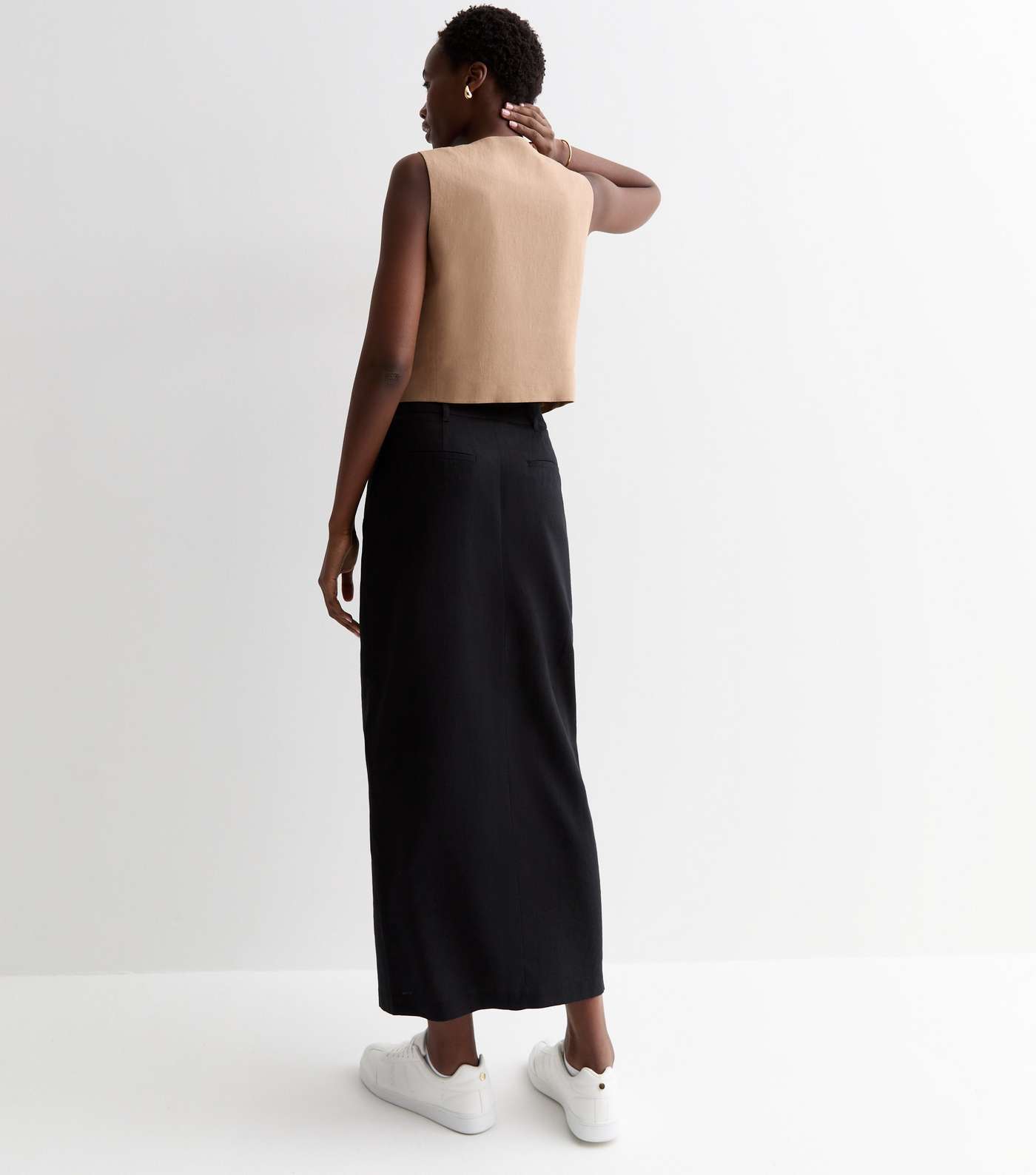 Tall Black Linen Blend Split Front Midi Skirt Image 4