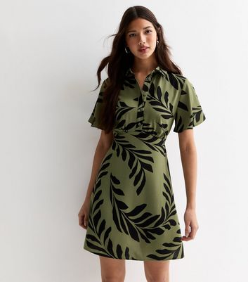 Green Leaf Print Button Through Mini Shirt Dress New Look