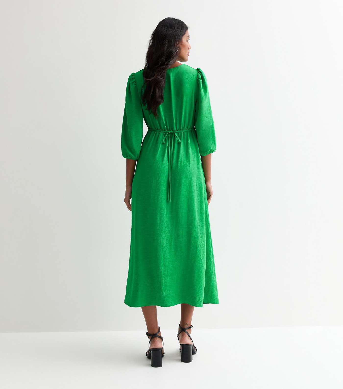 Green Satin V Neck Midi Dress Image 4