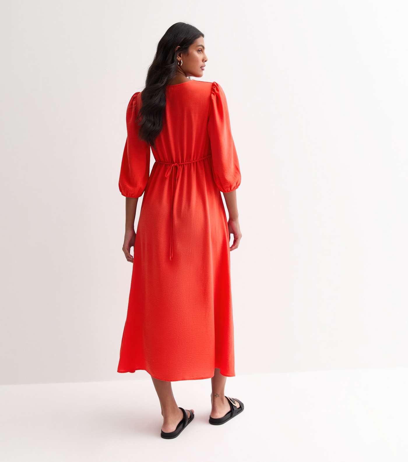 Red Satin V Neck Midi Dress Image 4