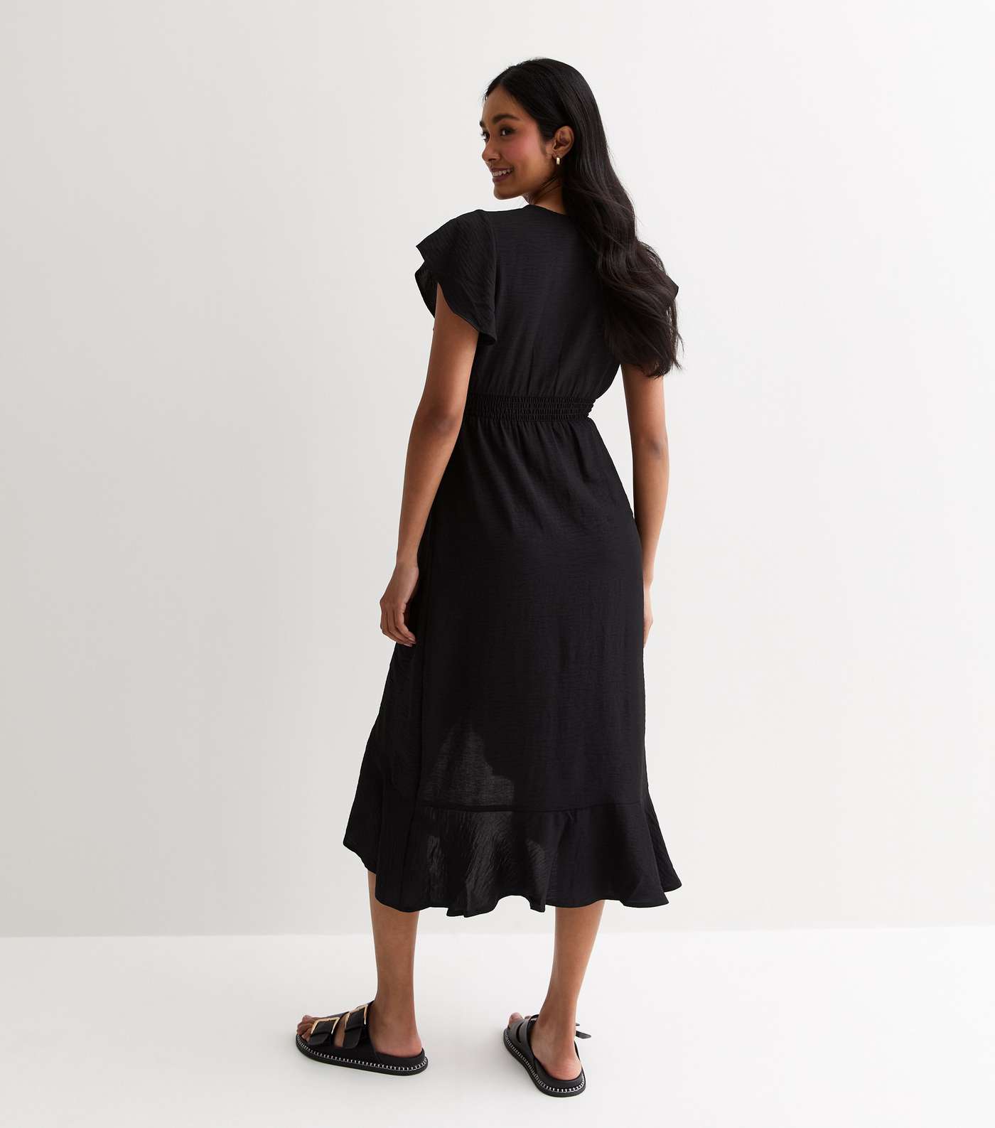 Black Shirred Waist Midi Dress Image 4
