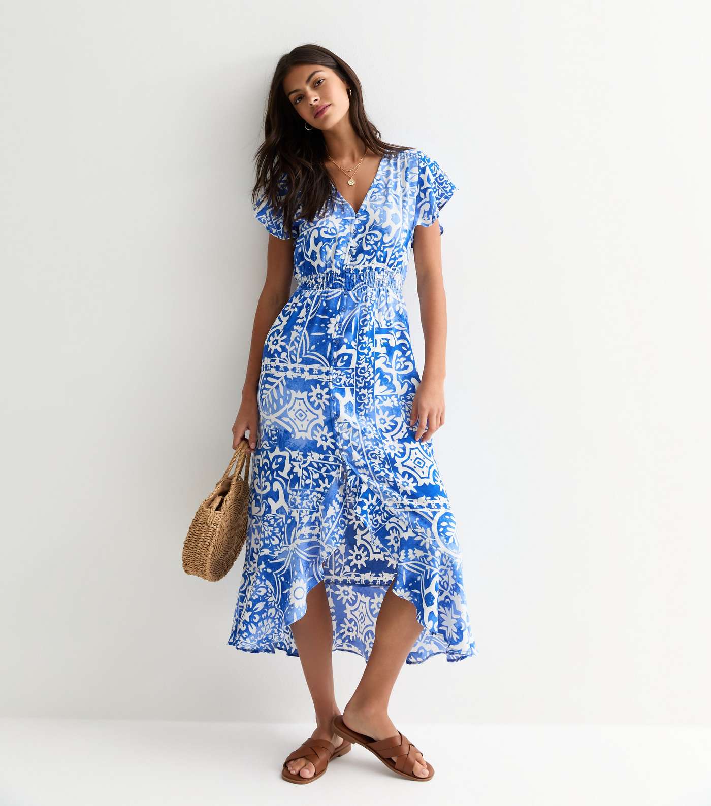 Blue Abstract Print Shirred Waist Midi Dress Image 4