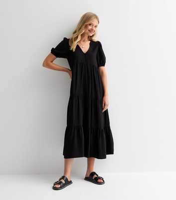 Black Buttoned Tiered Smock Midi Dress