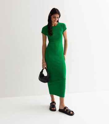 Green Ribbed Short Sleeve Midi Dress