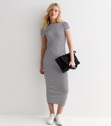 White Stripe Ribbed Short Sleeve Midi Dress New Look