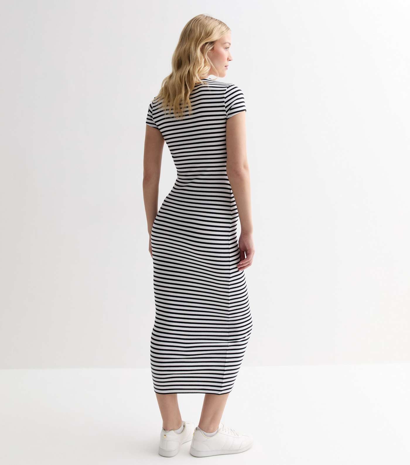 White Stripe Ribbed Short Sleeve Midi Dress Image 4