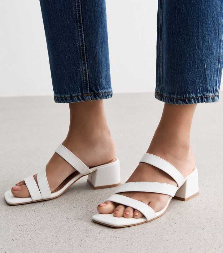 White Leather-Look Triple Strap Block Heel Mules