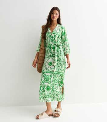 Green Tile Print Belted Midi Dress