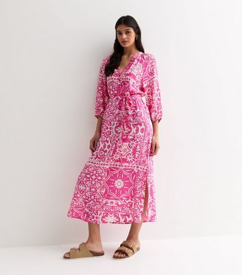 Pink Tile Print Belted Midi Dress New Look