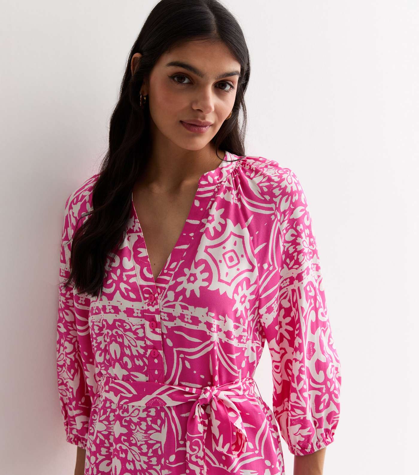 Pink Tile Print Belted Midi Dress Image 2