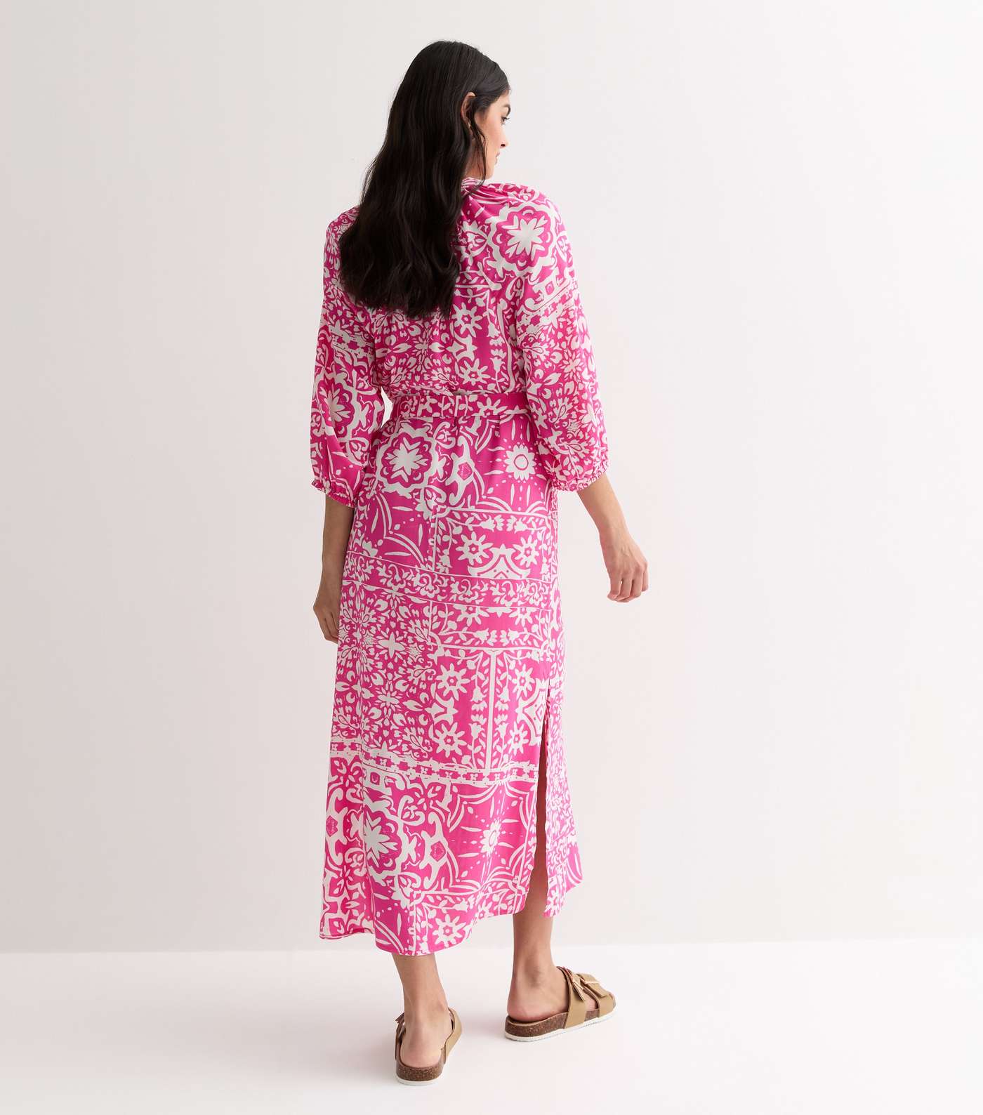 Pink Tile Print Belted Midi Dress Image 4