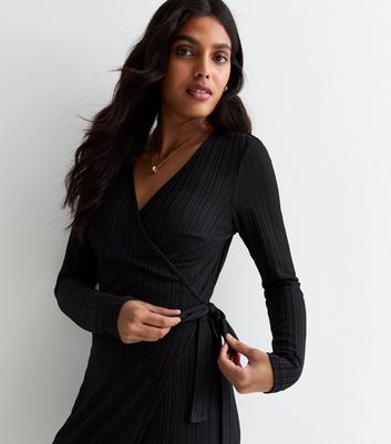 Black Ribbed Long Sleeve Wrap Midi Dress