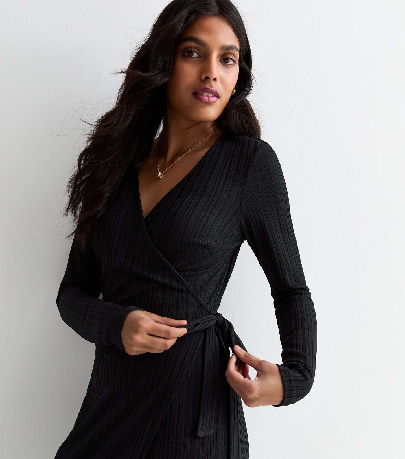 Black Ribbed Long Sleeve Wrap Midi Dress Image 2
