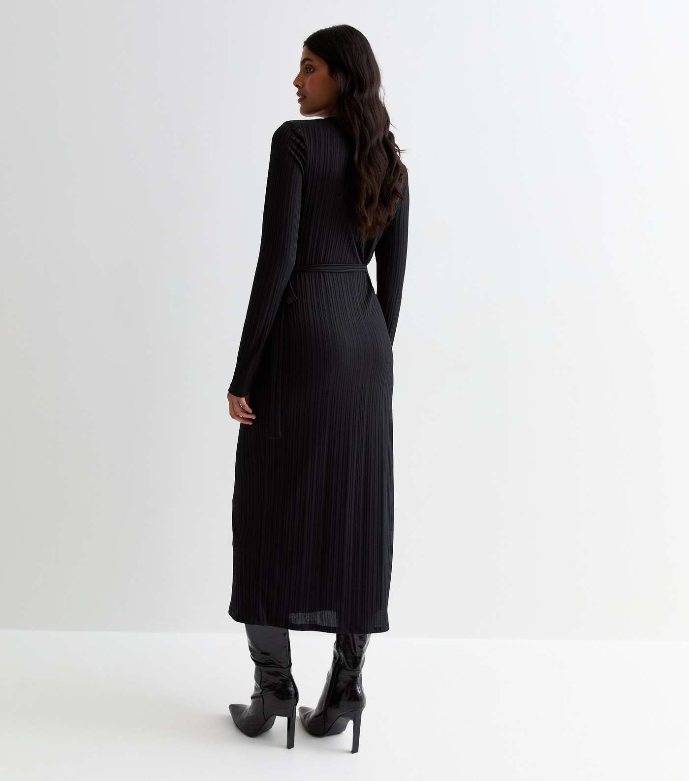 Black Ribbed Long Sleeve Wrap Midi Dress Image 4