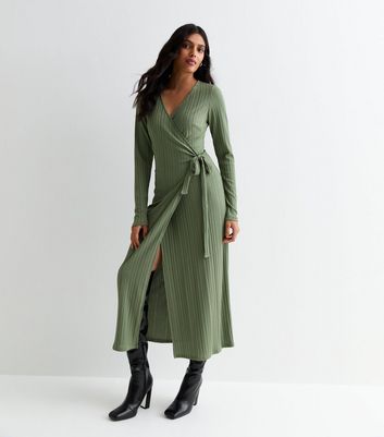 Khaki Ribbed Long Sleeve Wrap Midi Dress New Look