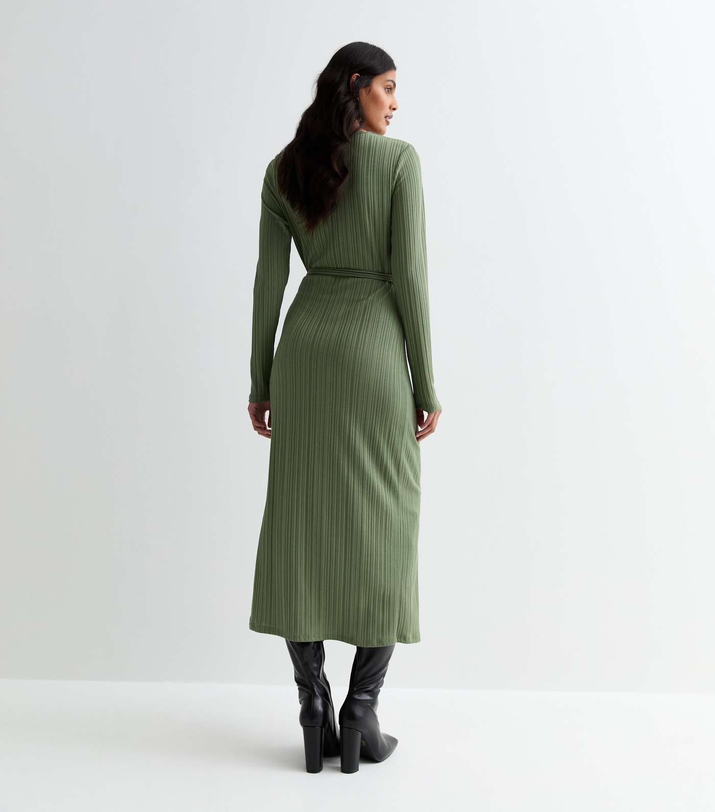Khaki Ribbed Long Sleeve Wrap Midi Dress Image 4