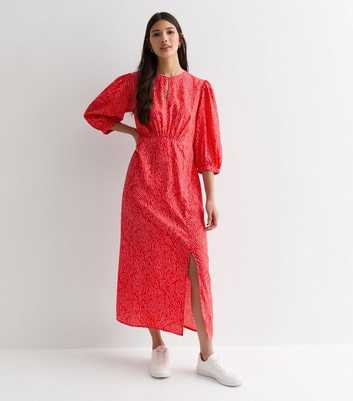 Red Patterned Puff Sleeve Midi Dress