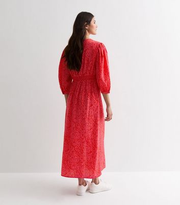 Red Patterned Puff Sleeve Midi Dress New Look