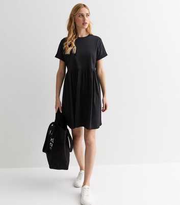 Black Cotton Short Sleeve Mini Smock Dress