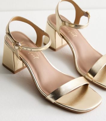 Wide Fit Gold Leather Look 2 Part Block Heel Sandals