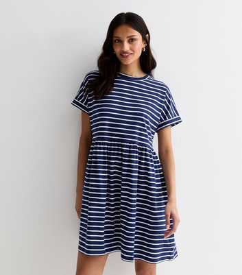Blue Stripe Cotton Short Sleeve Mini Smock Dress
