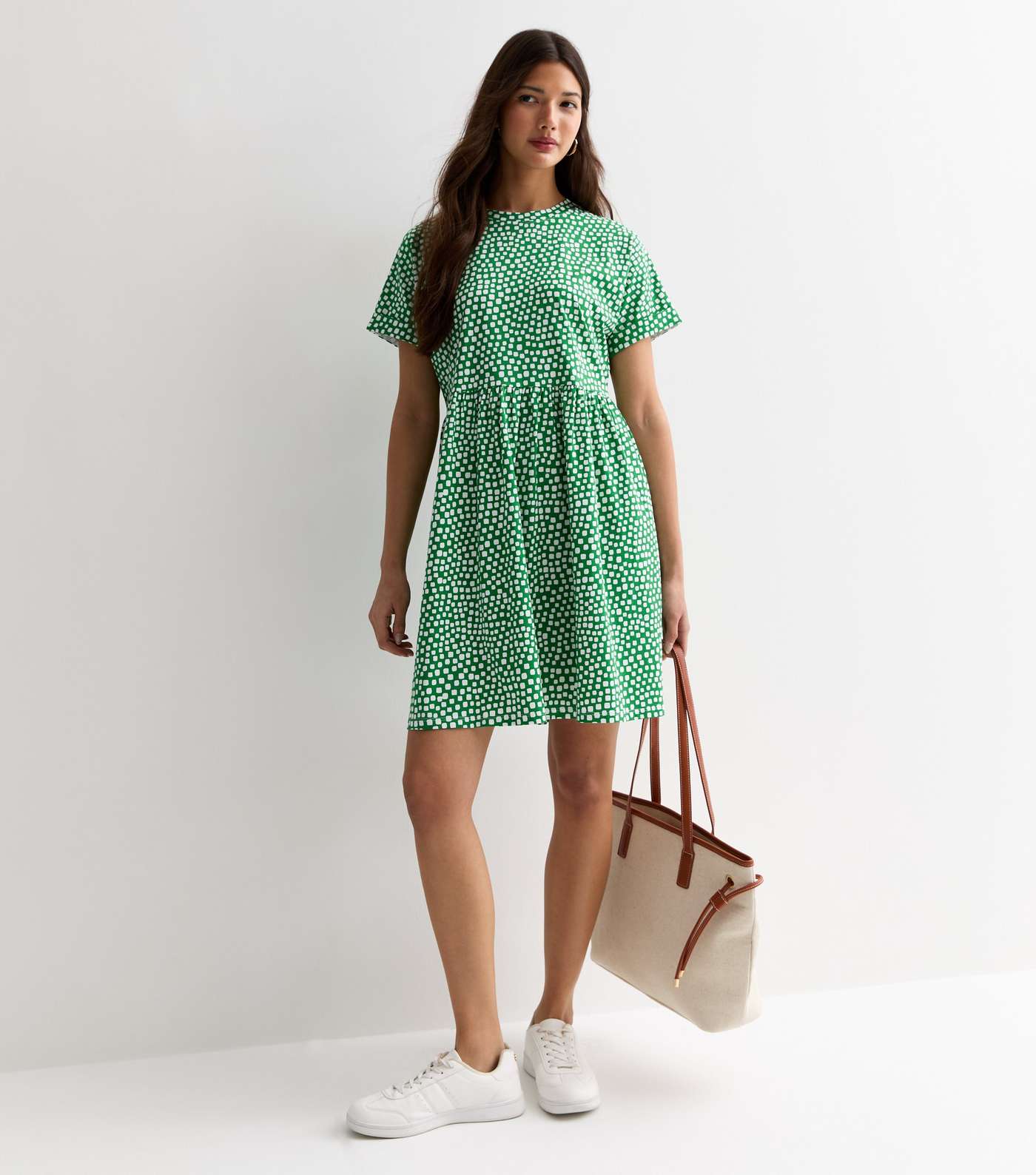 Green Cotton Spot Print Mini Smock Dress Image 2