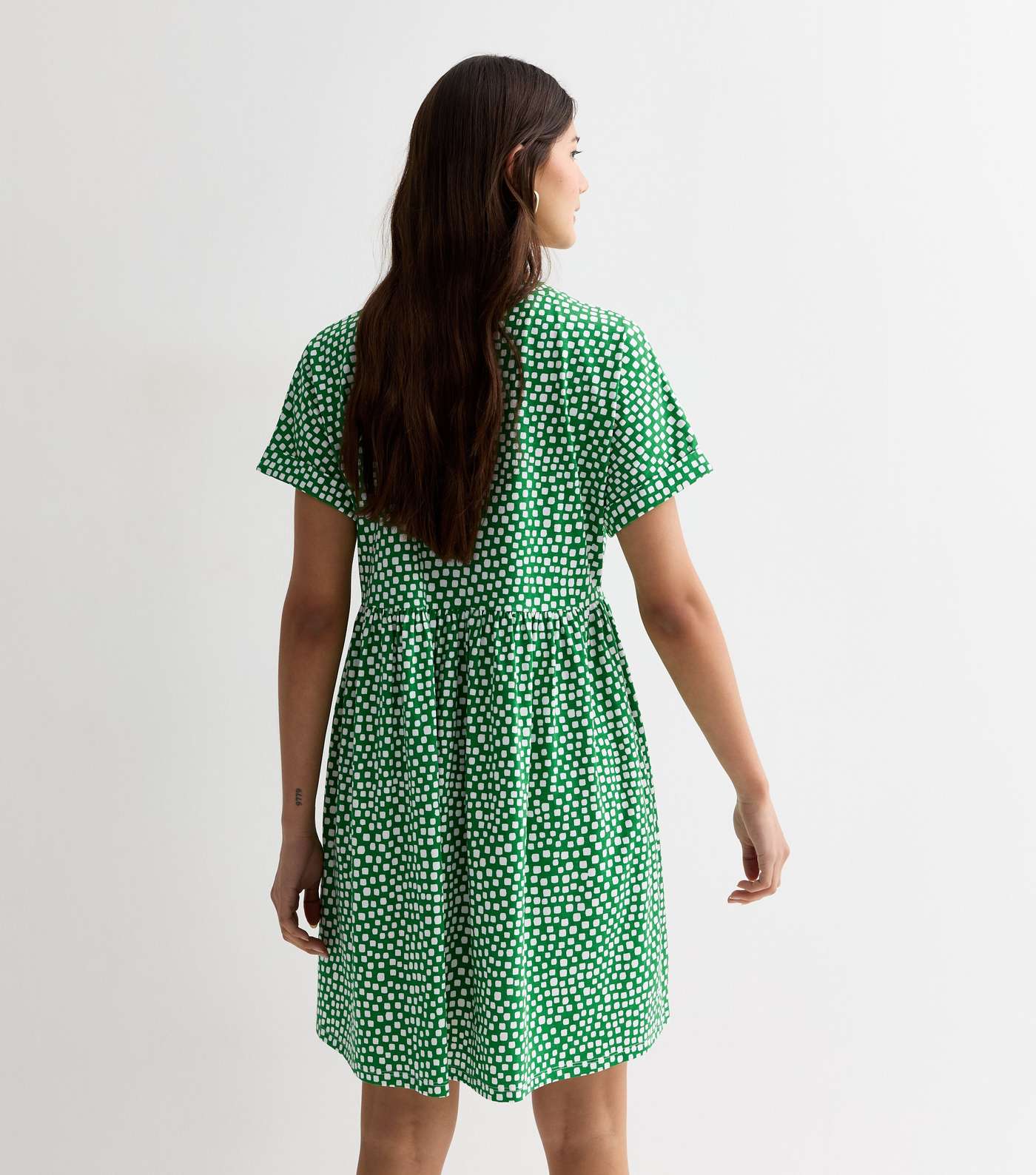 Green Cotton Spot Print Mini Smock Dress Image 4
