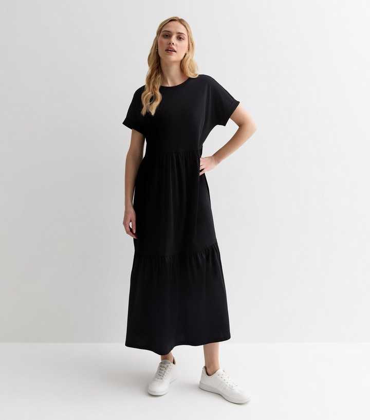 Black Cotton Midi Smock Dress