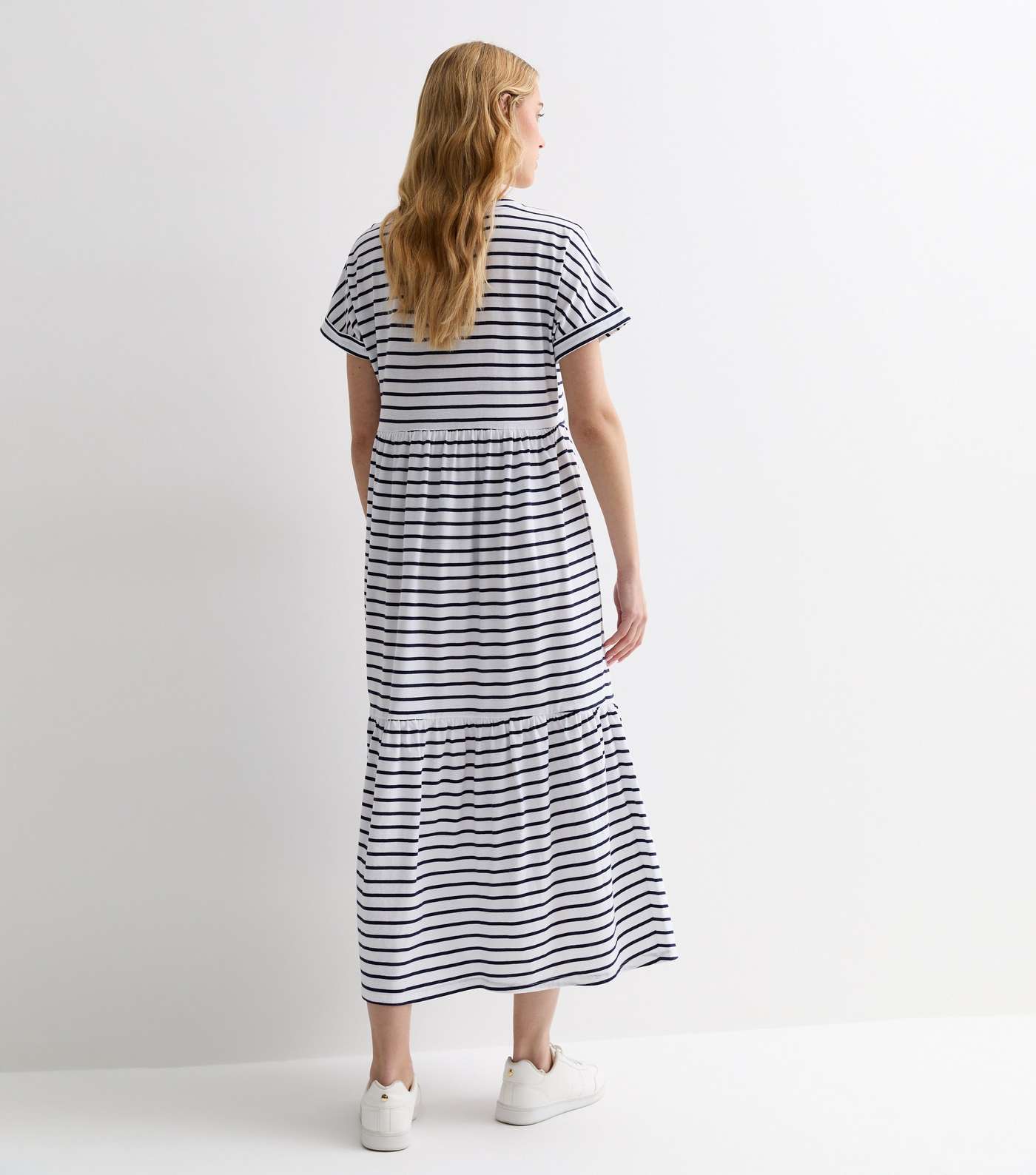 White Stripe Cotton Tiered Midi Smock Dress Image 4